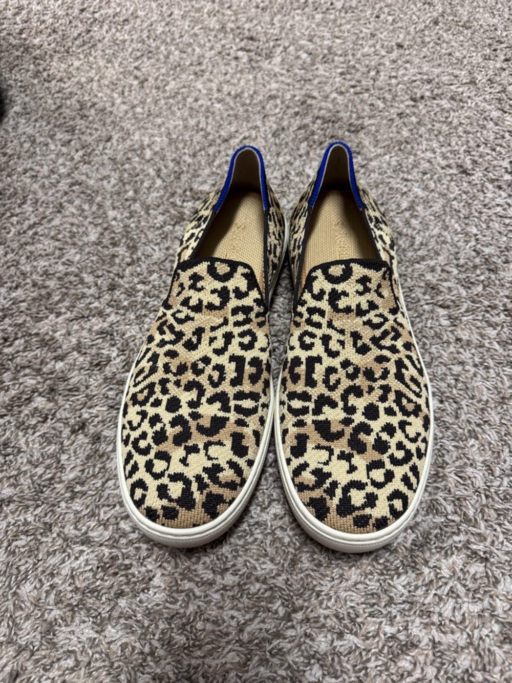 Rothy's OG Slip-On Leopard Knit Sneakers - Tan, Black & Blue Trim